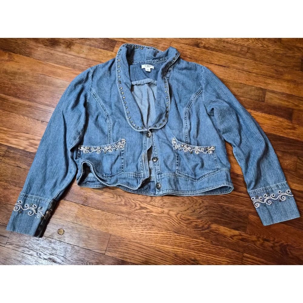 Cato Woman Blue Denim Embroidered Studded Crop Jacket Cottagecore Size 14/16W